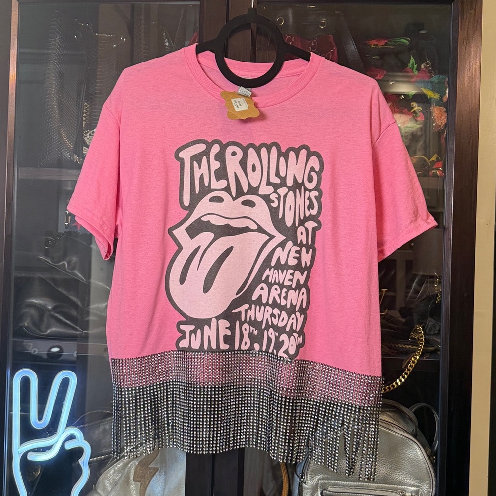 *NWT Pink Rolling Stones Graphic Tee with Bling Fringe